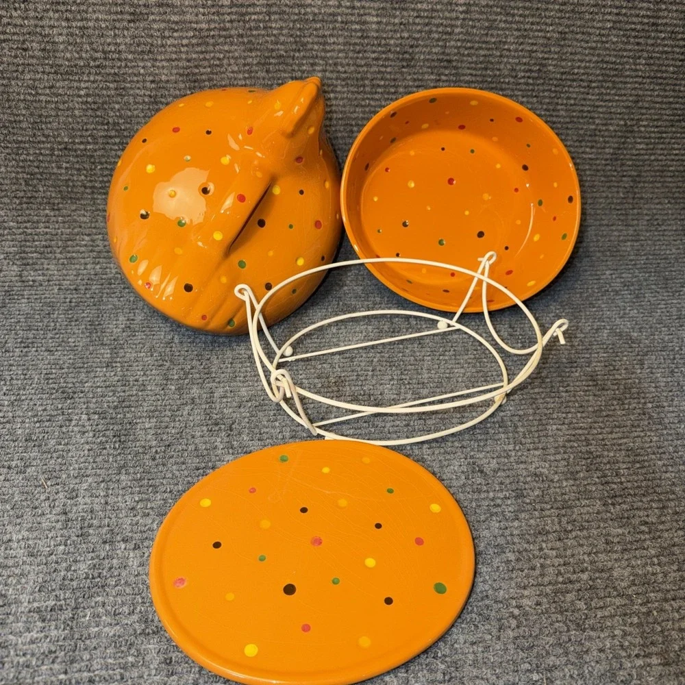 3Pc Temptations By Tara Orange Polka-Dot Hen Chicken Ovenware Basket Lid